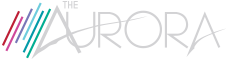 A logo for the aurora with a rainbow of colors on a white background.