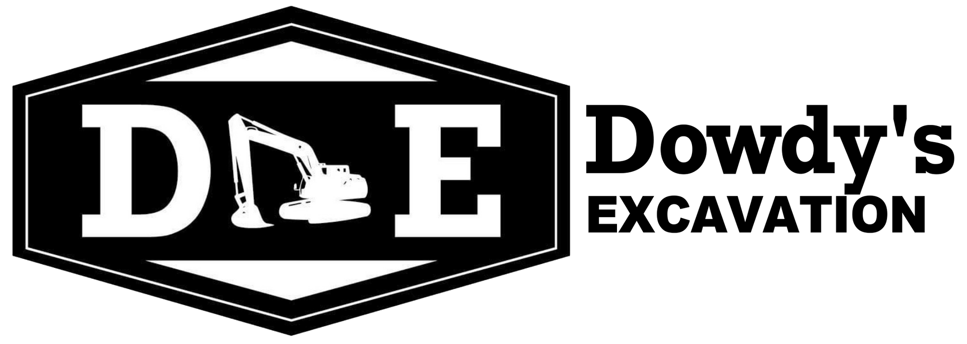 Logo for Dowdy's Excavation featuring a white excavator silhouette between the letters D and E inside a black hexagon.