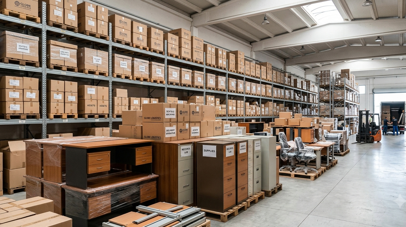 Corridoio di magazzino con scatole di cartone impilate su pallet e scaffalature sotto illuminazione industriale.