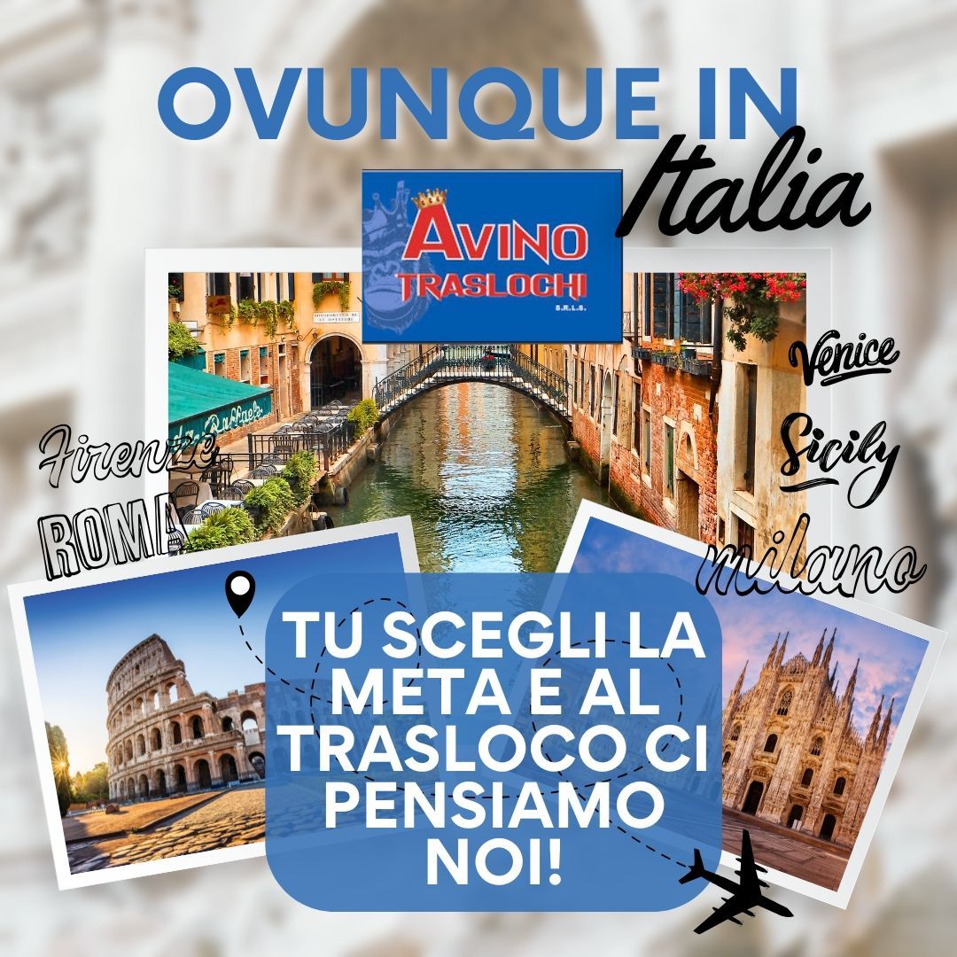 Ovunque in Italia trasloci, con collage di città, canali e monumenti italiani
