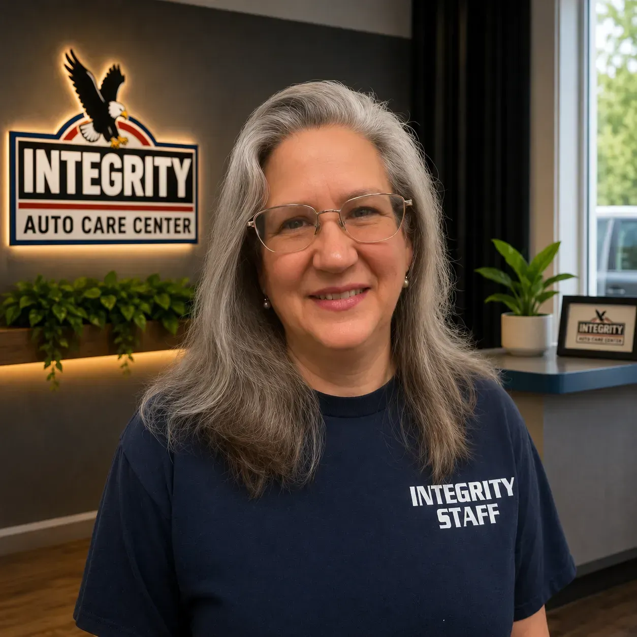 Woman smiling in an Integrity Auto Care Center office, wearing an Integrity Staff shirt.