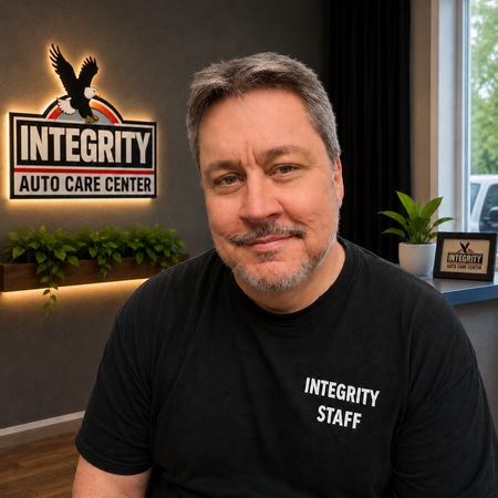 Man in black Integrity Staff shirt seated in auto care center lobby beside Integrity Auto Care Center sign
