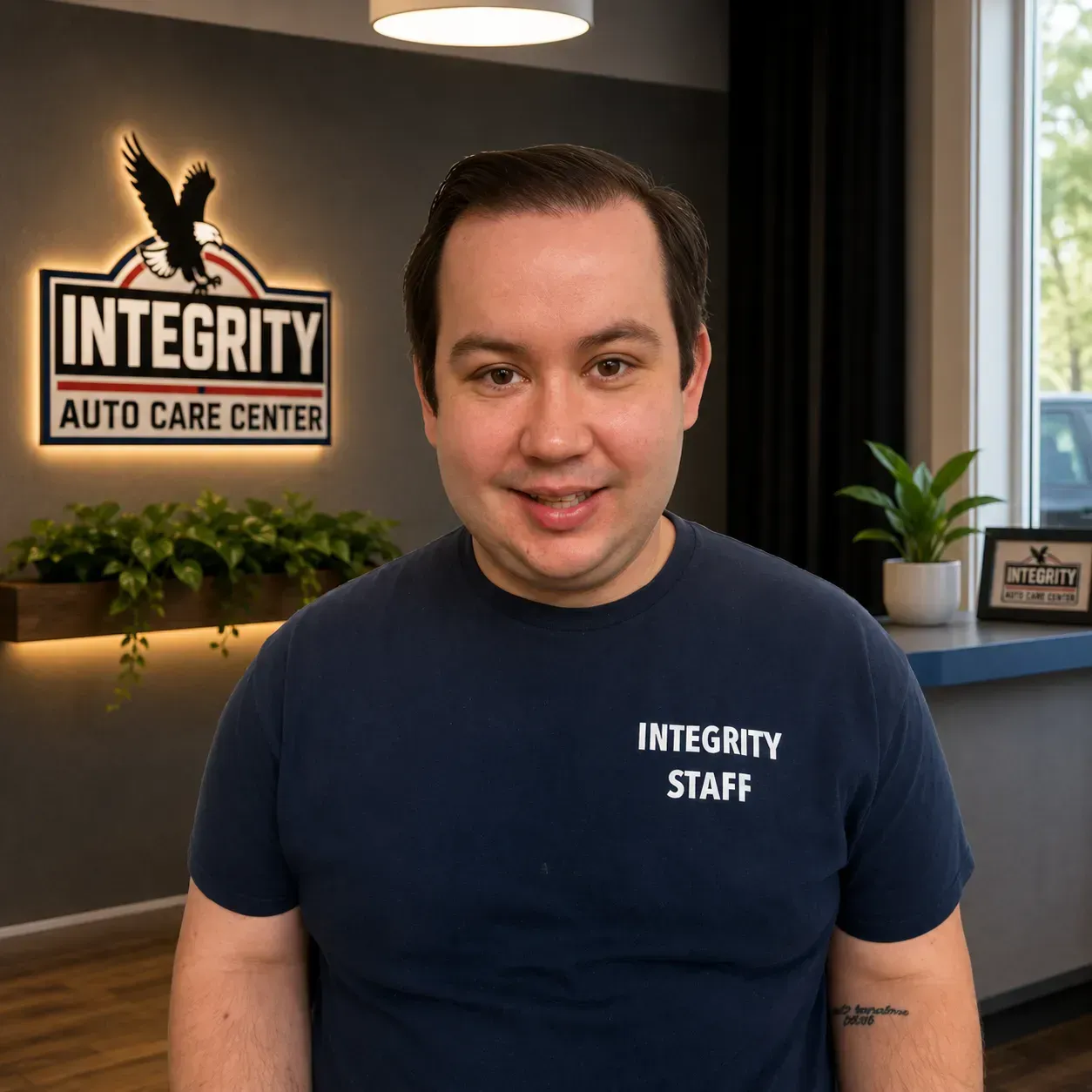 Man standing in an auto care center lobby, wearing a navy Integrity Staff shirt, with an Integrity sign behind him