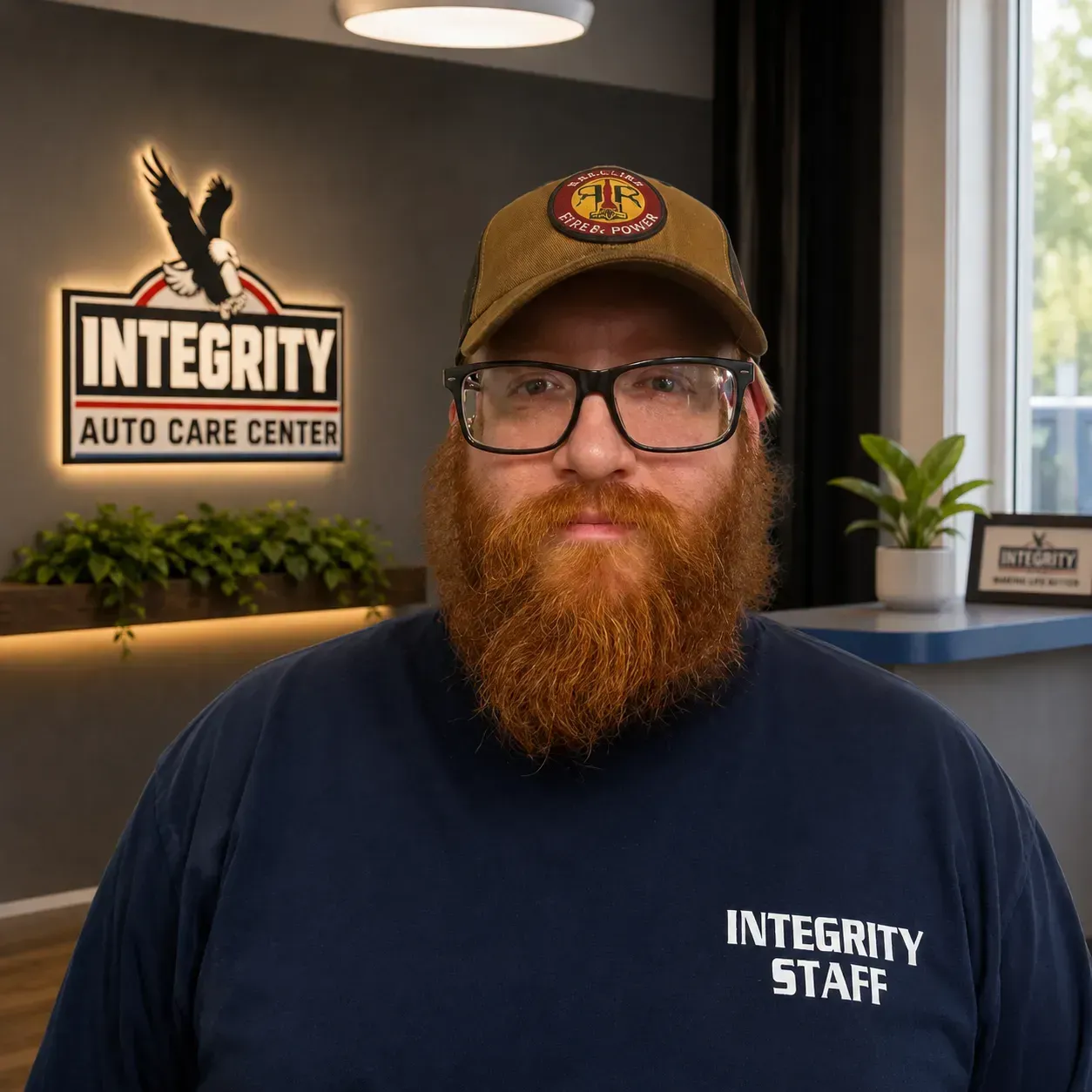 Integrity Auto Care Center staff member in navy shirt and cap, standing in an office lobby.
