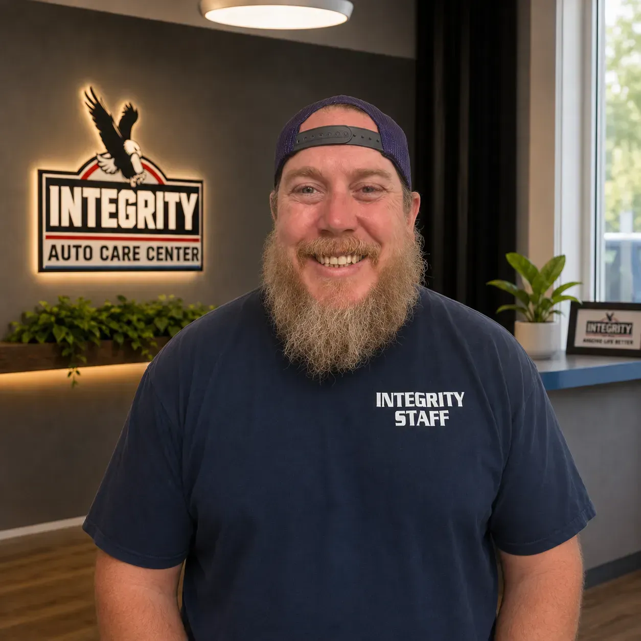 Smiling staff member in navy Integrity Auto Care Center shirt standing in an office lobby.
