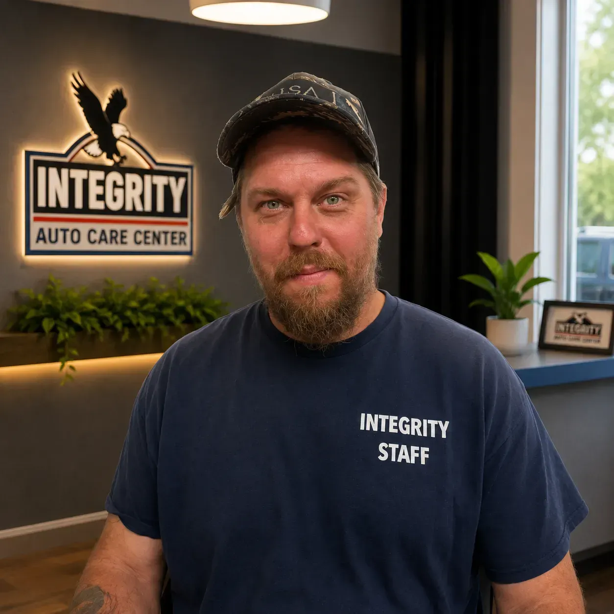 Man in navy T-shirt and cap standing in an auto center office with Integrity Auto Care Center sign behind him
