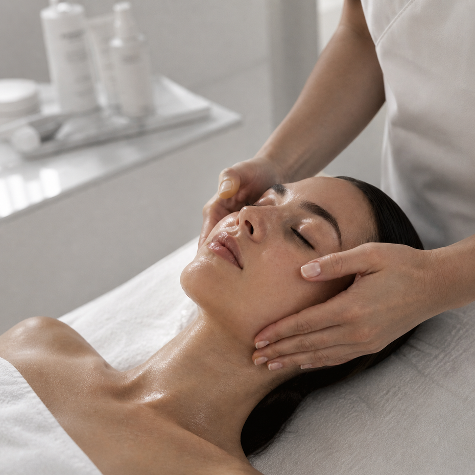 Persona recibiendo un masaje facial con los ojos cerrados sobre una camilla blanca.