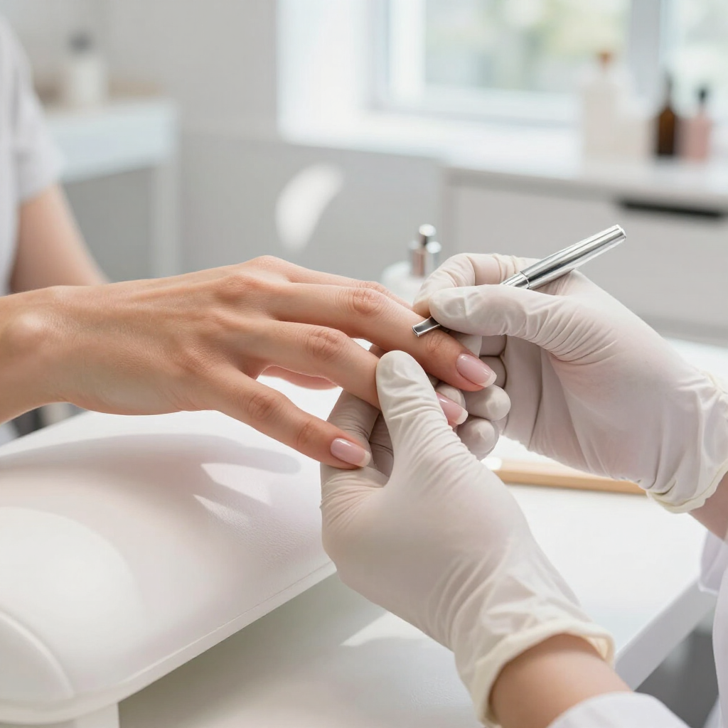 Manicurista pintando las uñas de una clienta con guantes blancos en un salón luminoso.