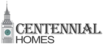Centennial Homes logo with a stylized clock tower in black, gray, and teal