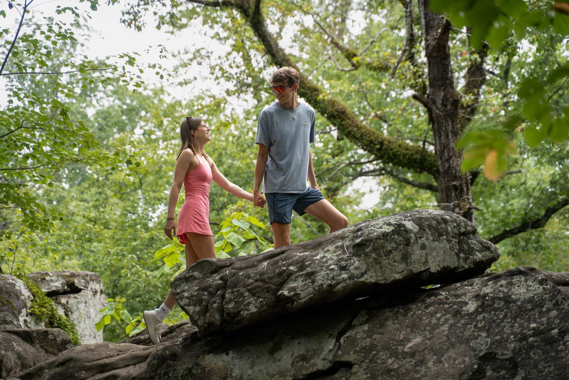 Two hikers holding hands on a rocky ledge in a green forest
