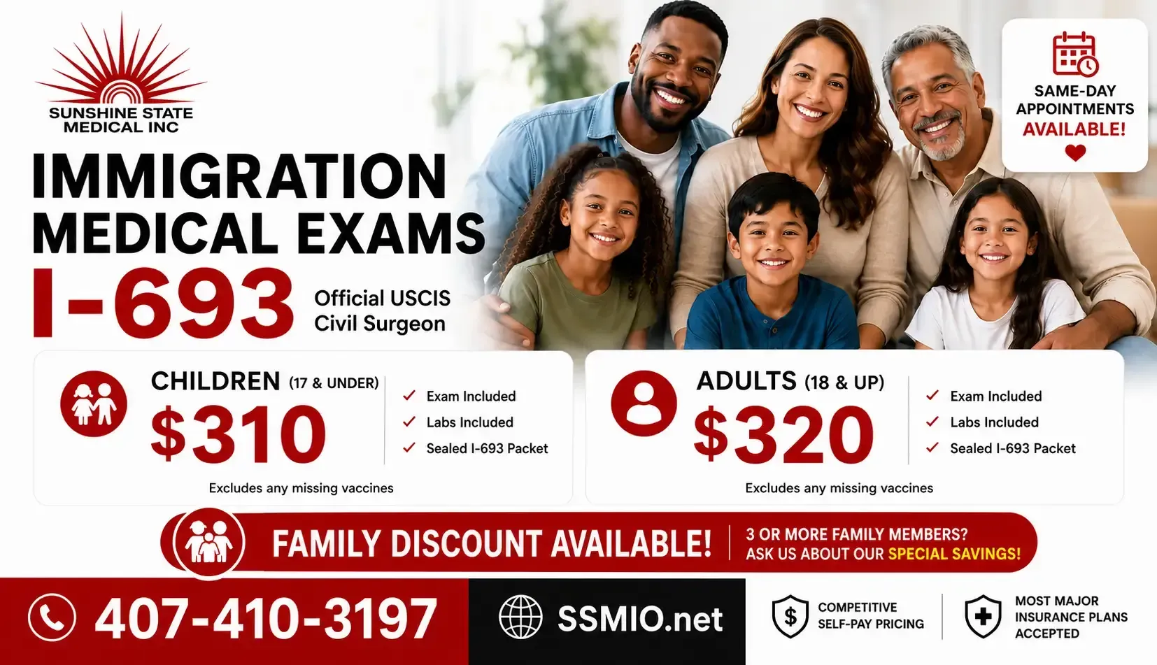 Immigration medical exams ad with smiling family, prices for children and adults, phone number, and family discount.