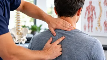 Physical therapist massaging a seated patient’s neck and upper back in a clinic
