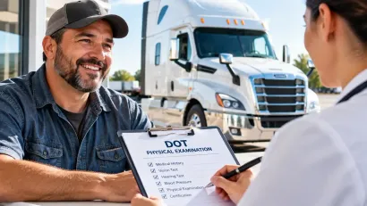 Truck driver discussing paperwork with an office worker in front of a white semi-truck.