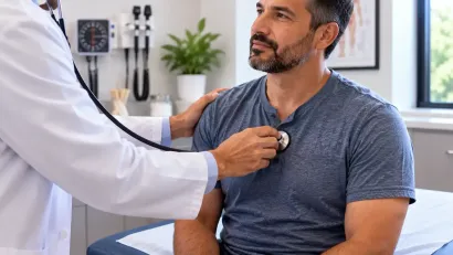 Doctor examining a man with a stethoscope.