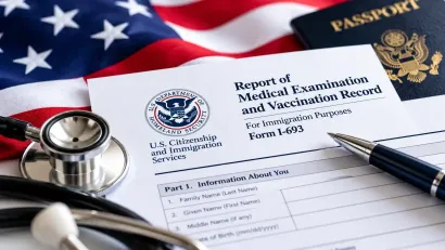 USCIS Form I-693 with stethoscope and flag