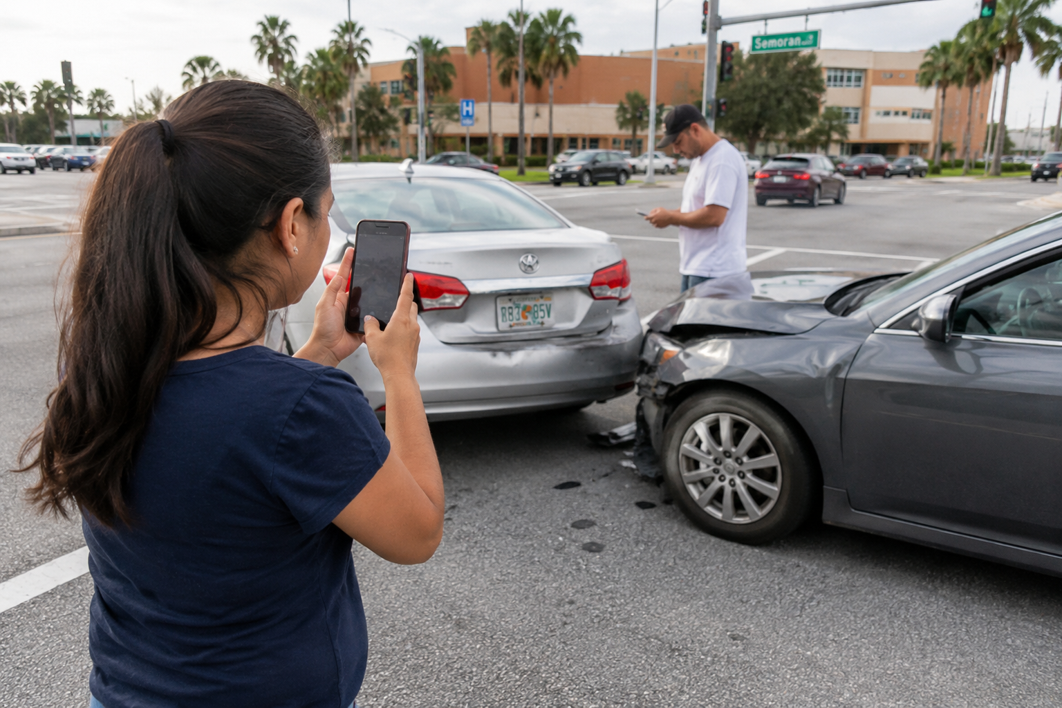 Woman photographing a car crash between two sedans in a parking lot