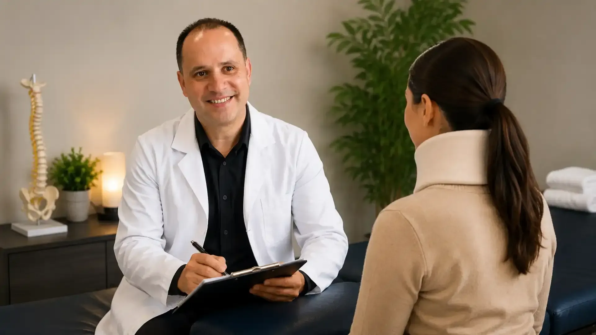 Doctor speaking with a patient in a clinic office, with a model spine and plan board nearby.