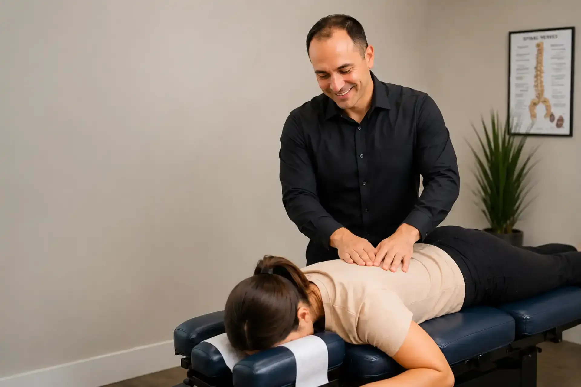 Chiropractor adjusting a patient on a treatment table in a bright clinic room