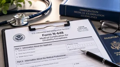 USCIS Form I-693 with stethoscope and flag