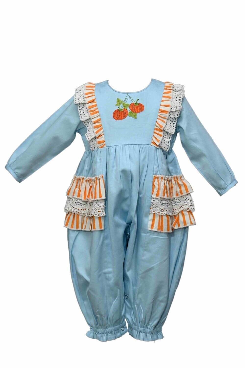 Light blue baby jumpsuit with orange and white ruffle details and a cherry appliqué.