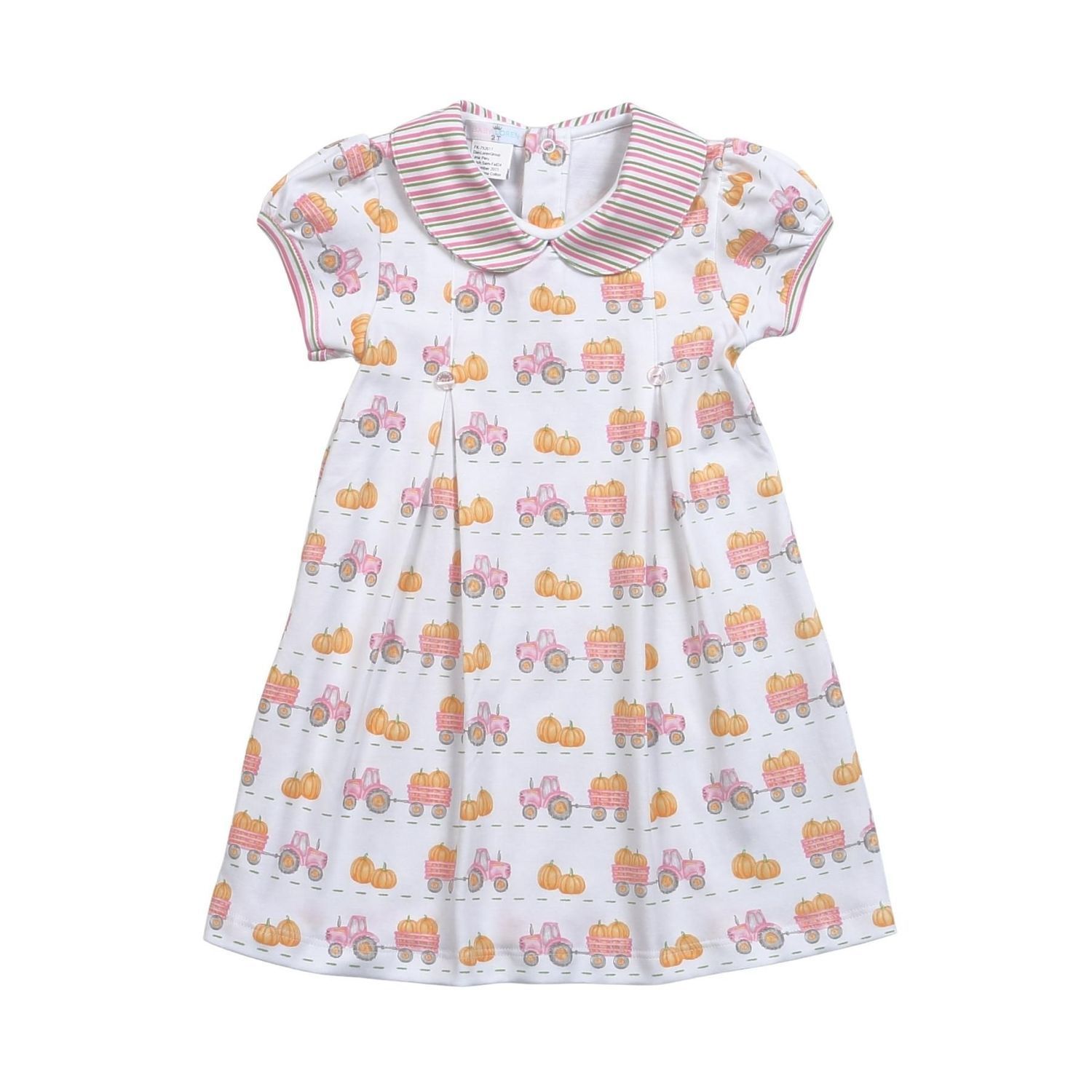 White dress with a tractor print. Features a striped collar and short sleeves.