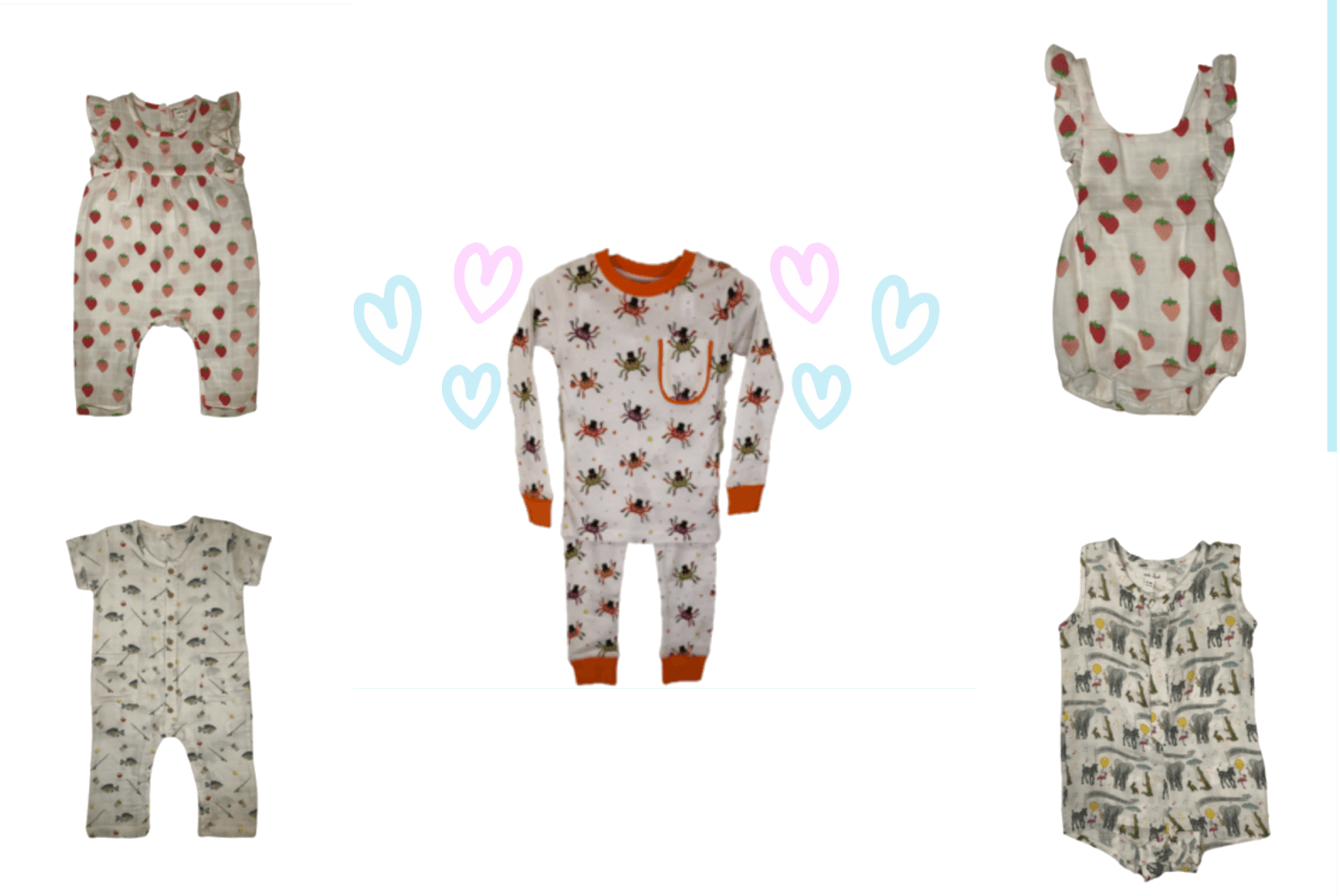A collage of baby clothes with hearts in the background