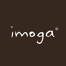 The logo for imoga is written in white on a brown background.