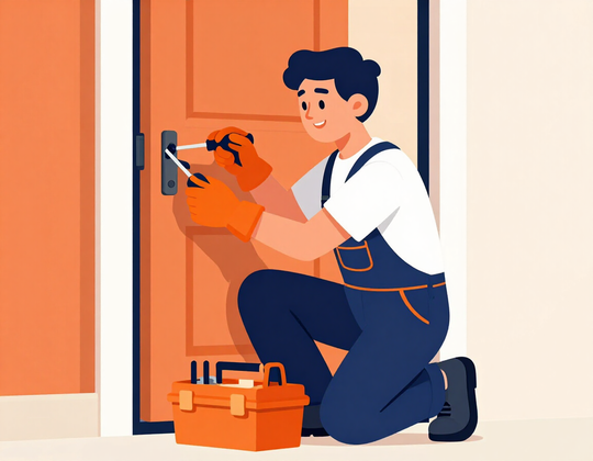 Handyman mascot fixing a front door