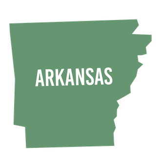 Green silhouette of Arkansas with the word “ARKANSAS” in white text