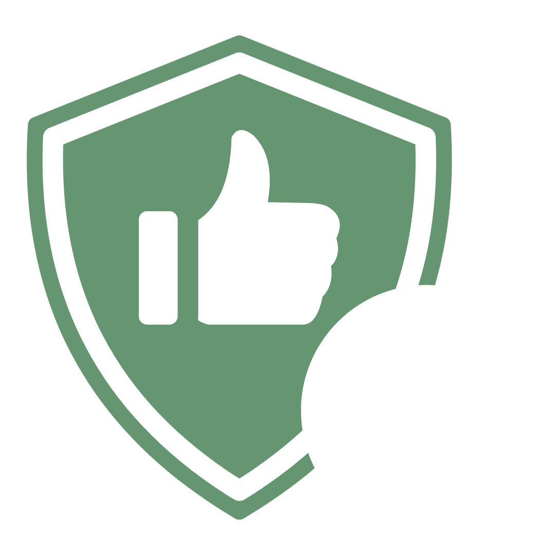 Green shield icon with a white thumbs-up symbol inside