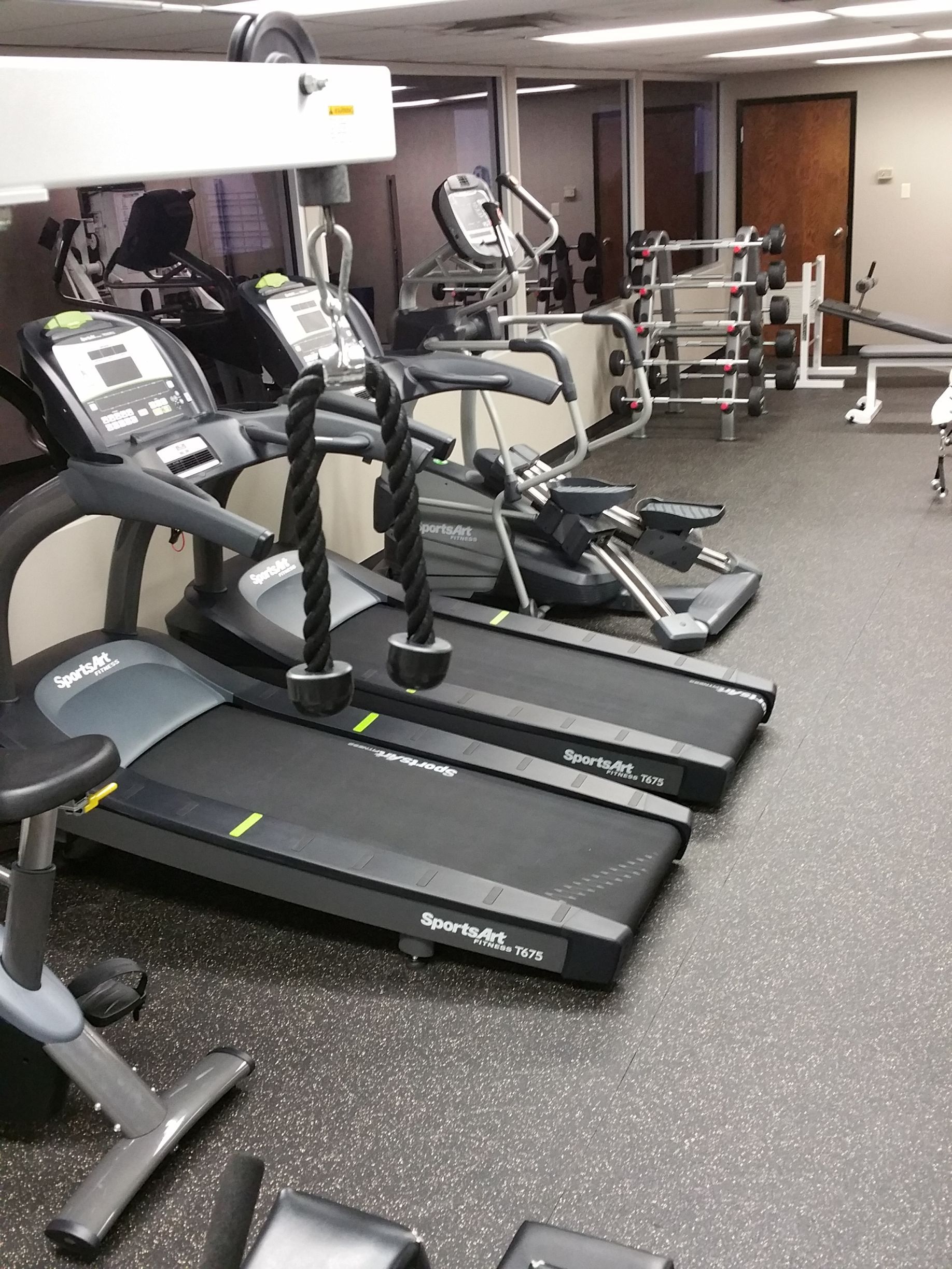 Gym with treadmills and elliptical machines lined up on a speckled floor