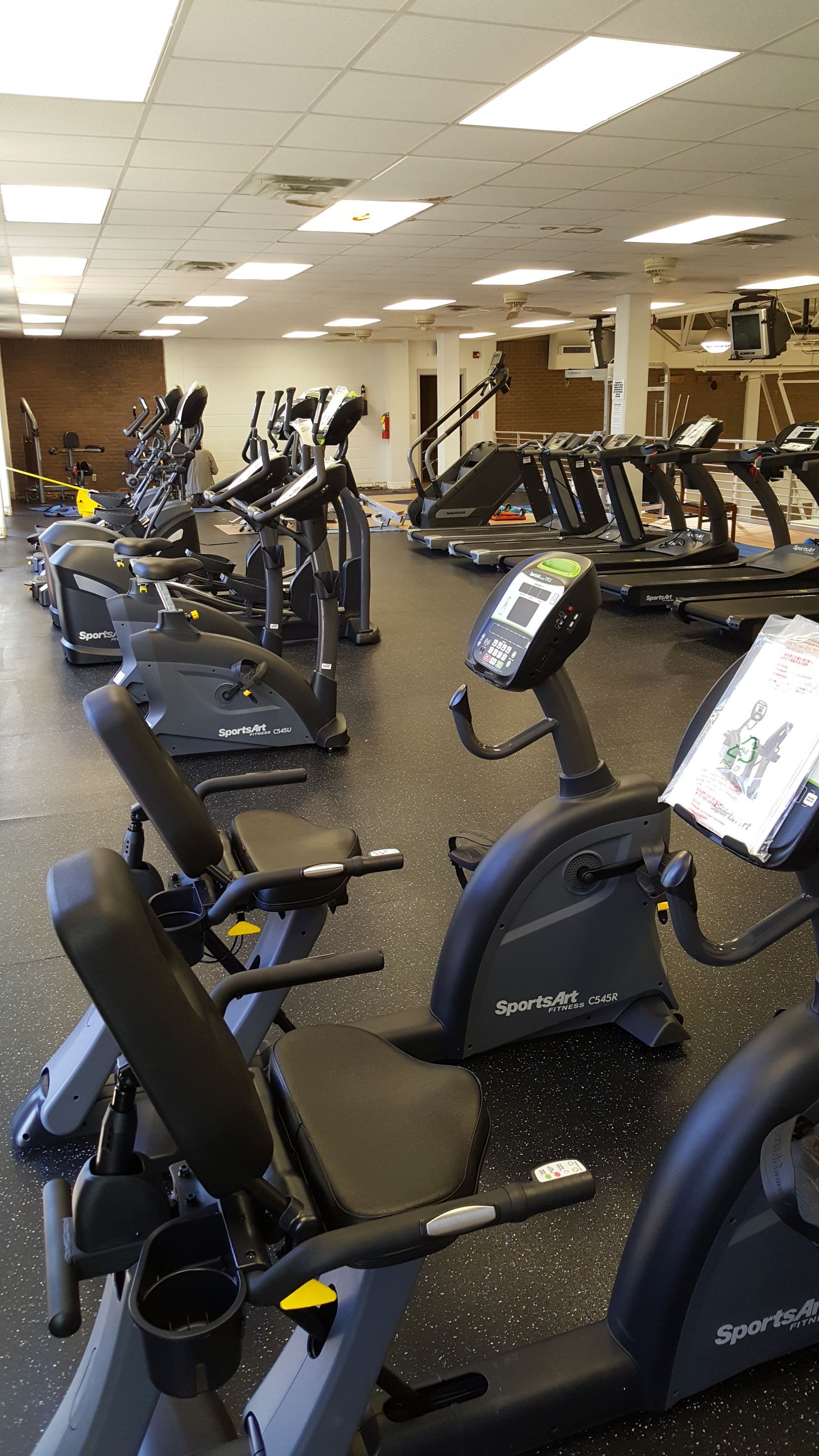 Rows of black cardio machines in a bright gym with fluorescent ceiling lights and mirrors.