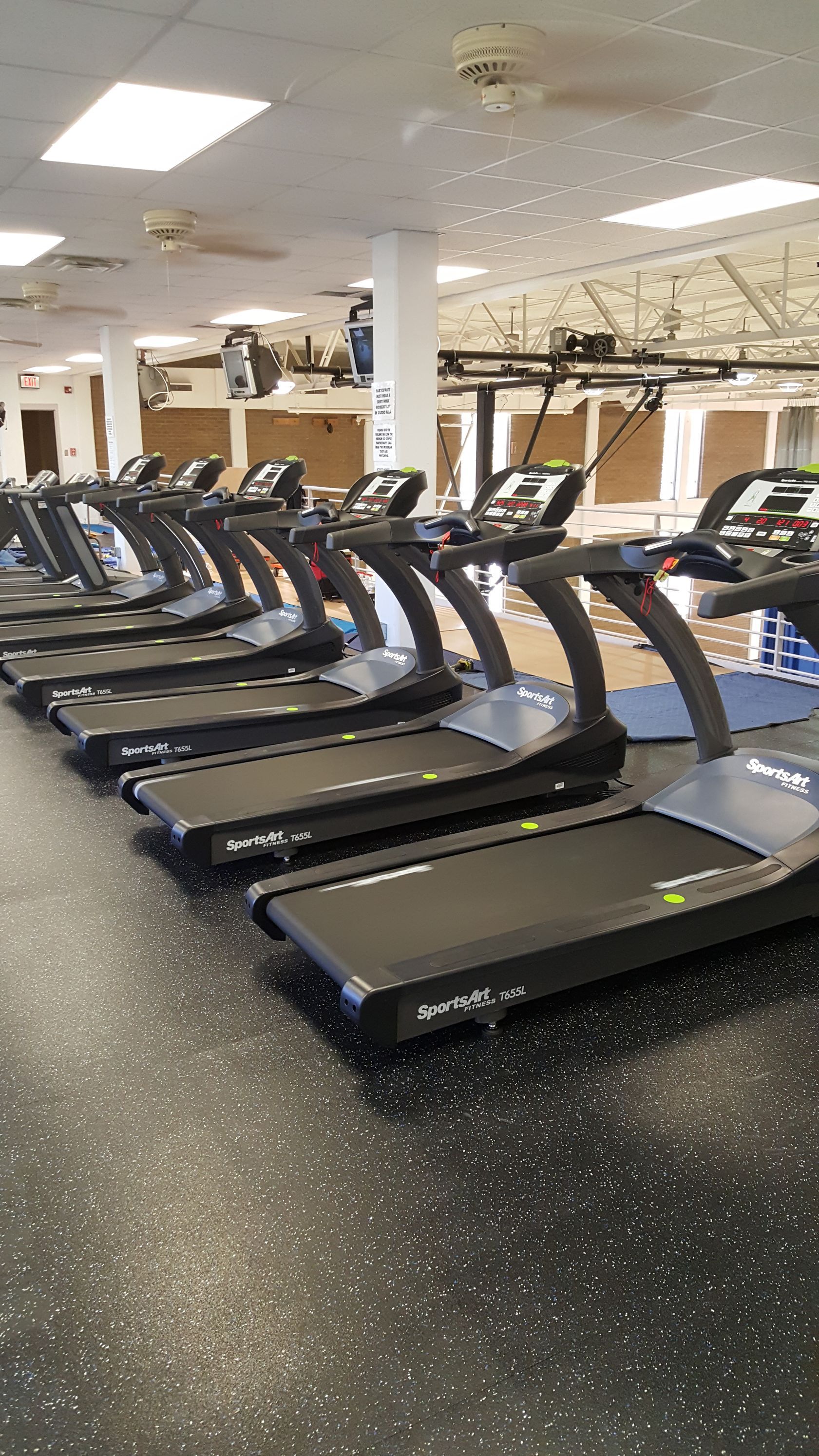 Rows of treadmills in a gym with bright overhead lights and speckled flooring