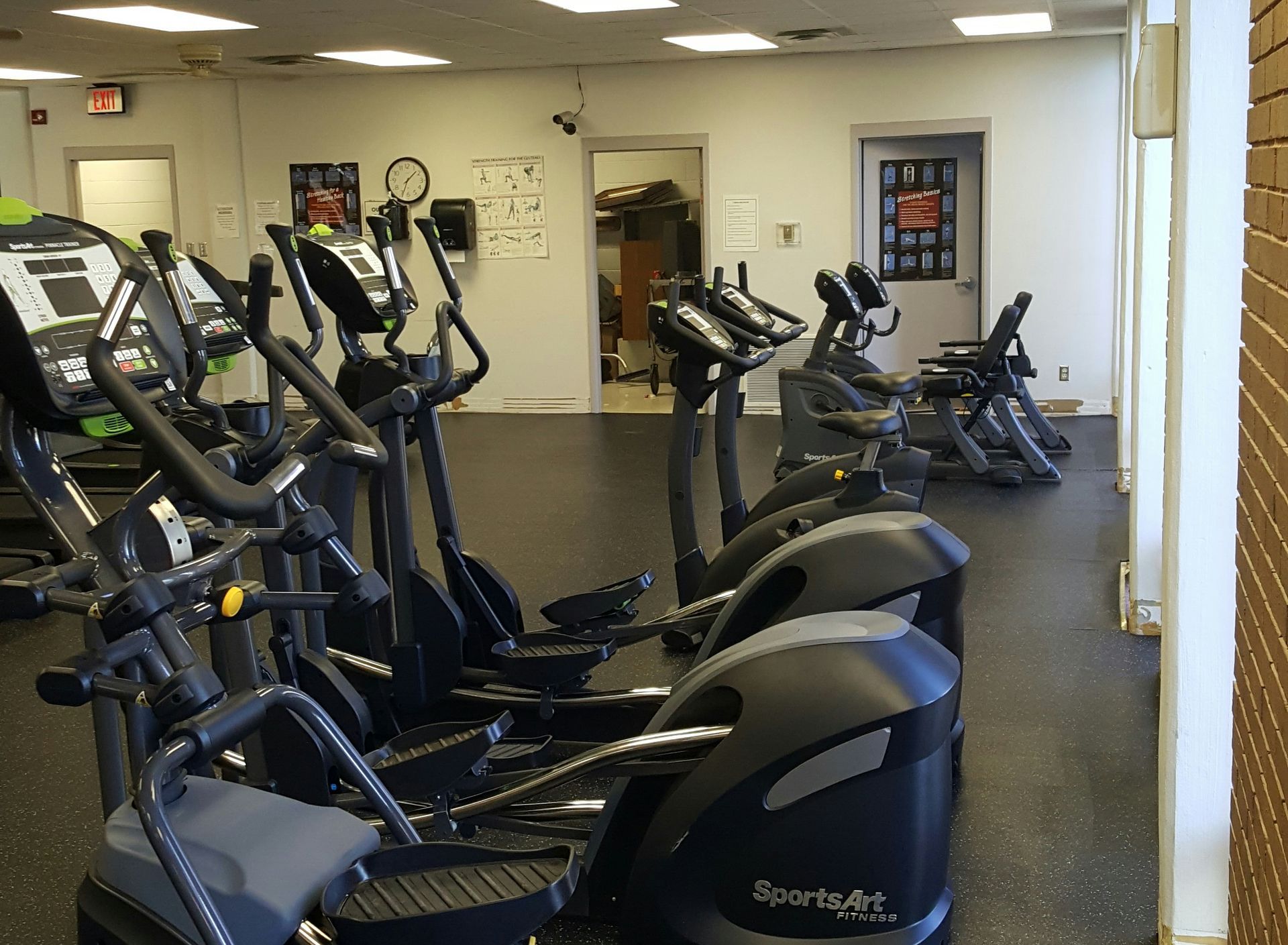 Gym with rows of ellipticals and exercise machines in a bright indoor fitness room