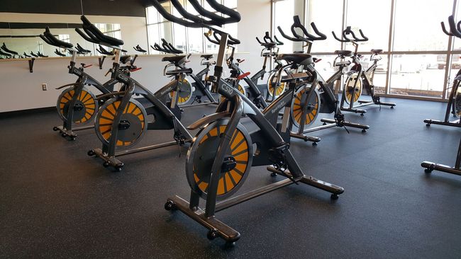 Row of stationary exercise bikes in a bright indoor gym with rubber flooring and large windows