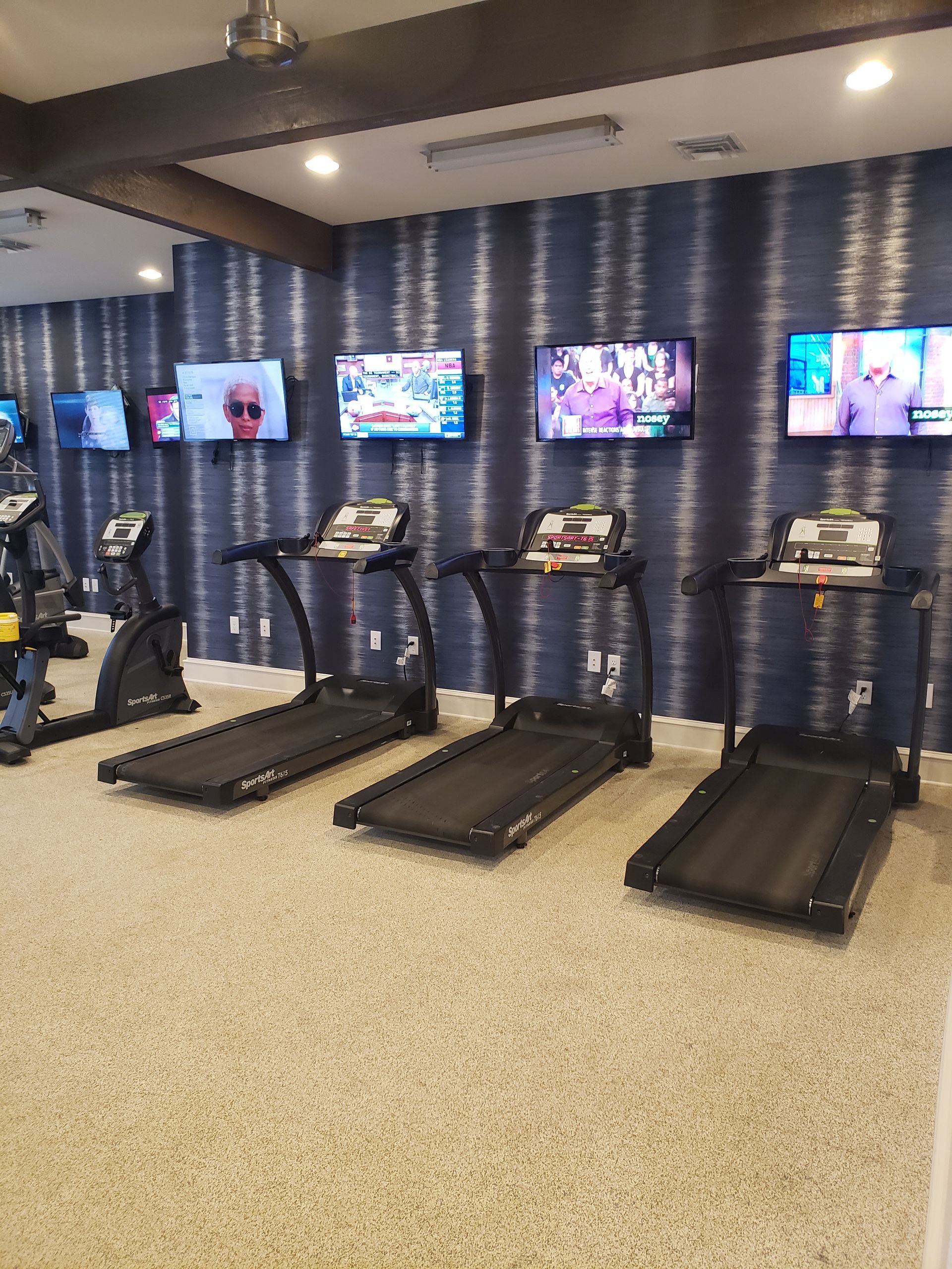 Gym cardio area with treadmills and wall-mounted TVs, dark blue textured wall, and speckled flooring