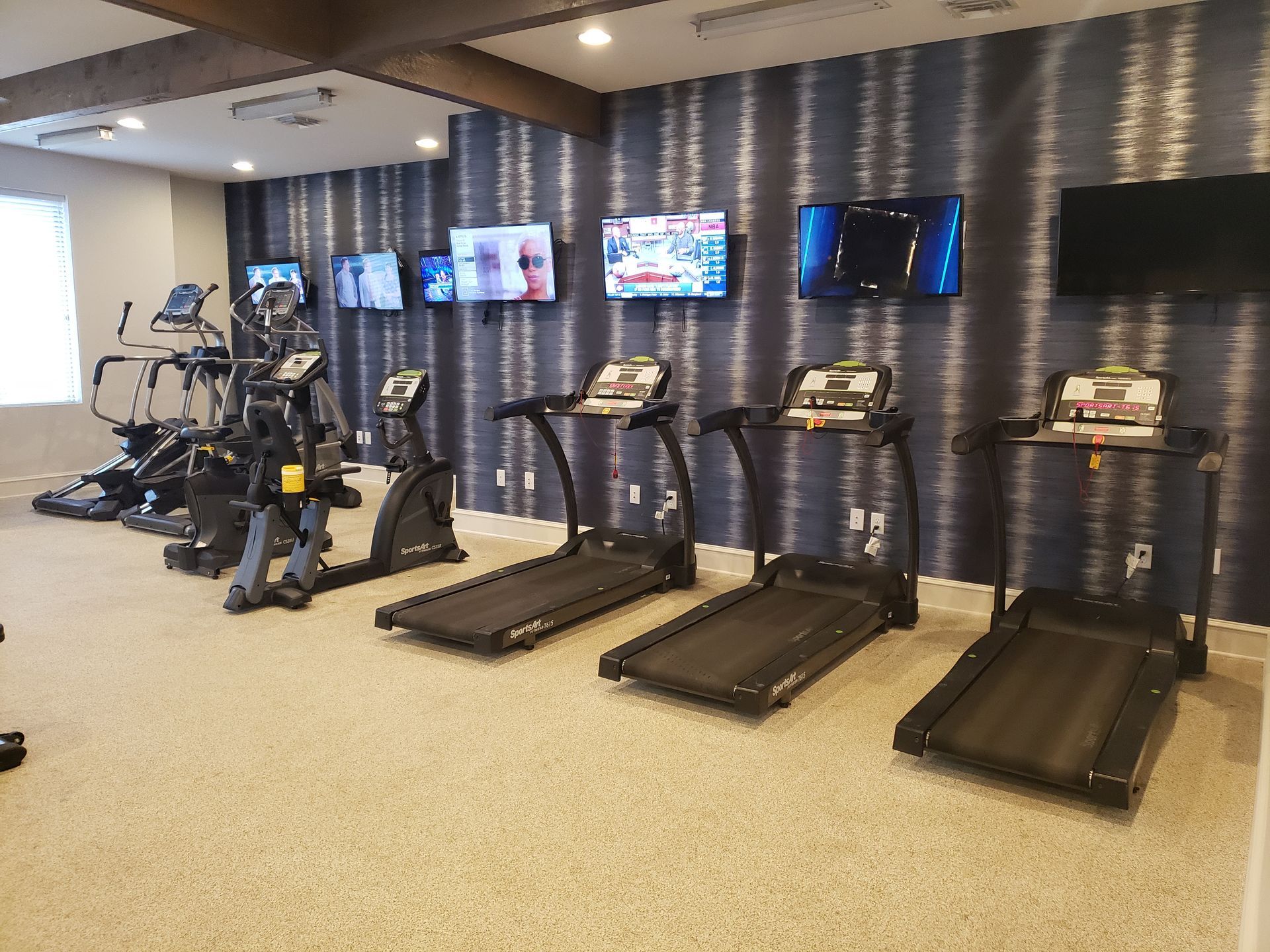 Gym with treadmills, stationary bikes, and wall-mounted TVs on a carpeted floor