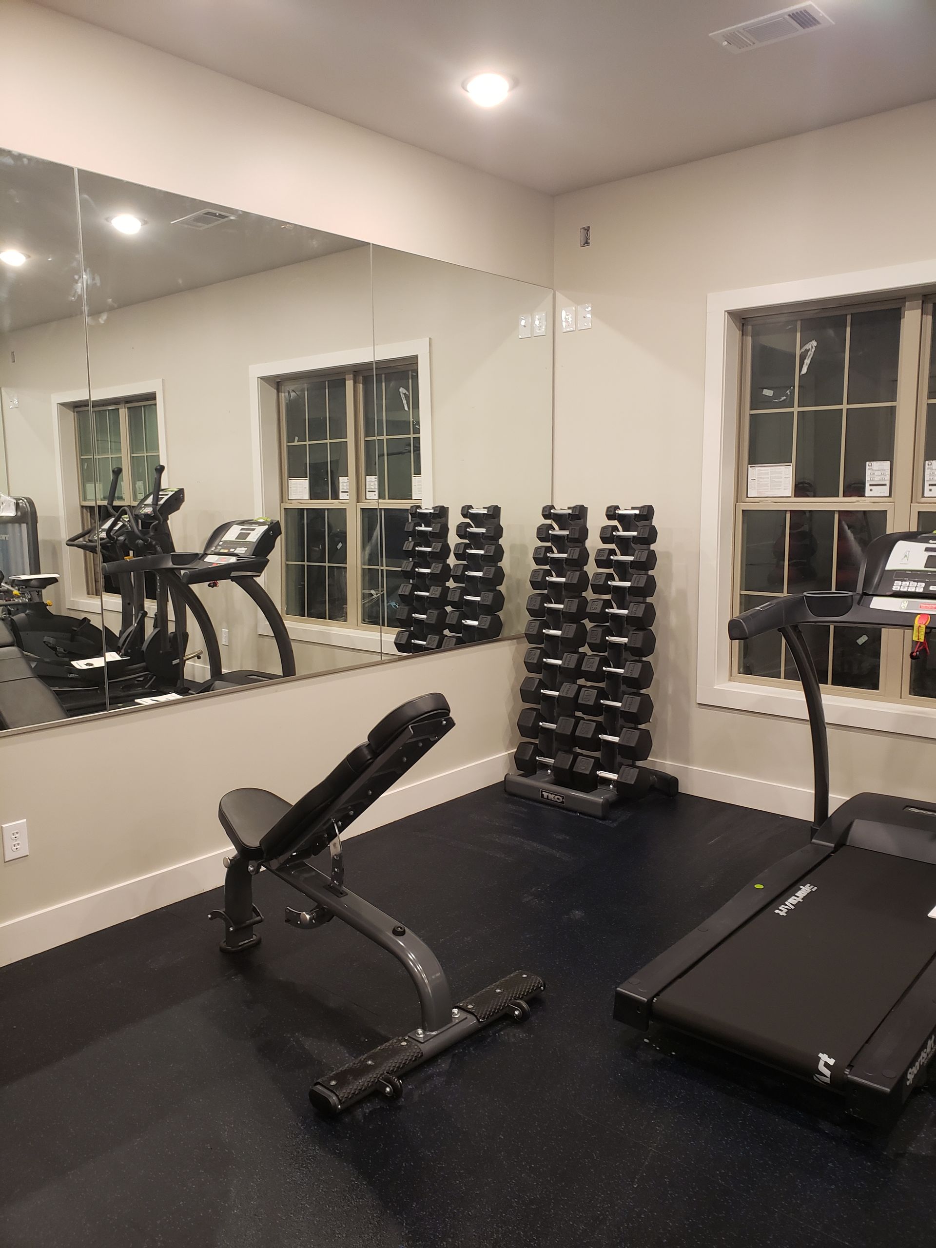 Gym with mirror wall, weight bench, dumbbell rack, treadmill, and exercise bike.