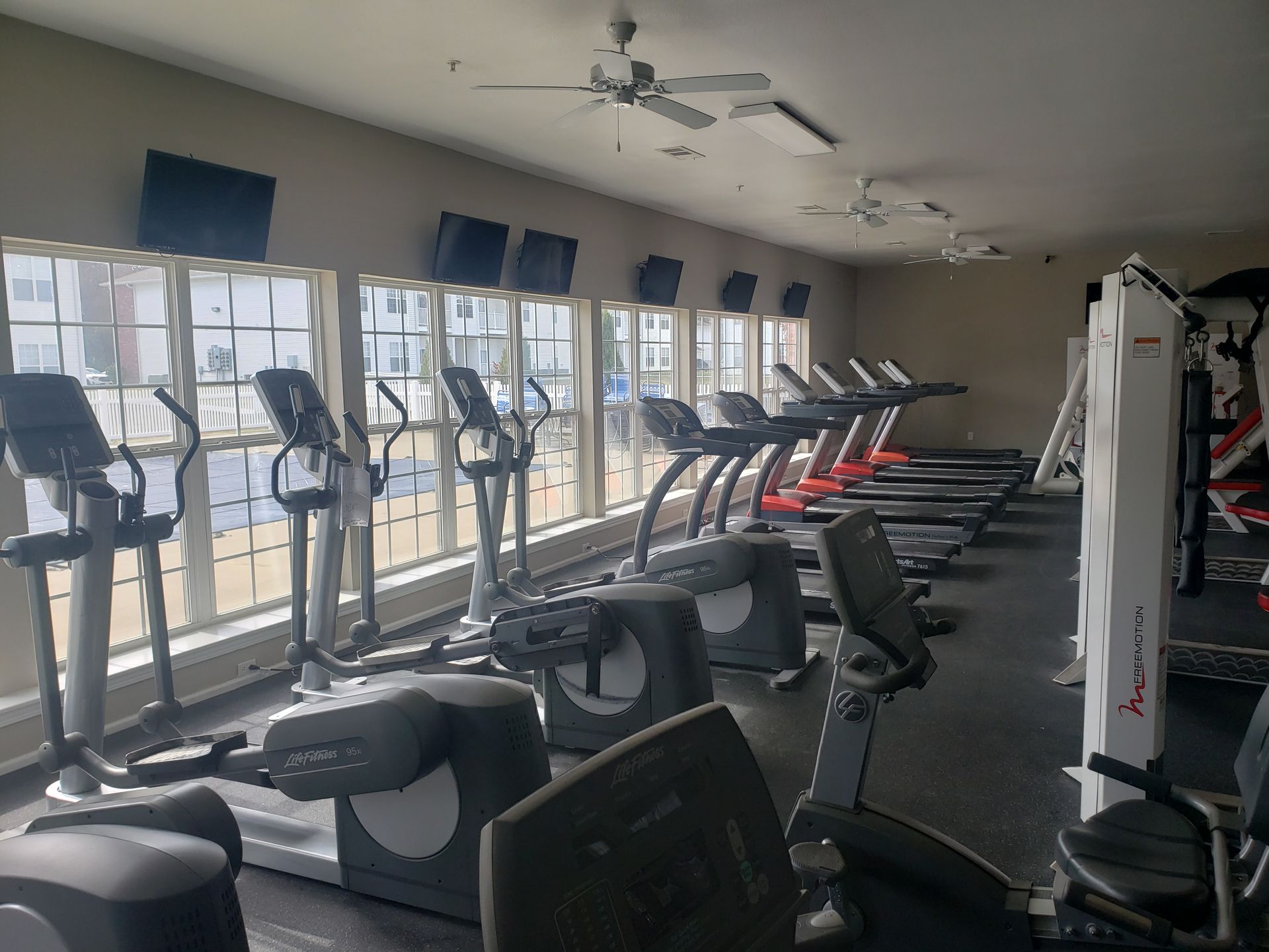 Empty gym with rows of treadmills and elliptical machines by large windows.