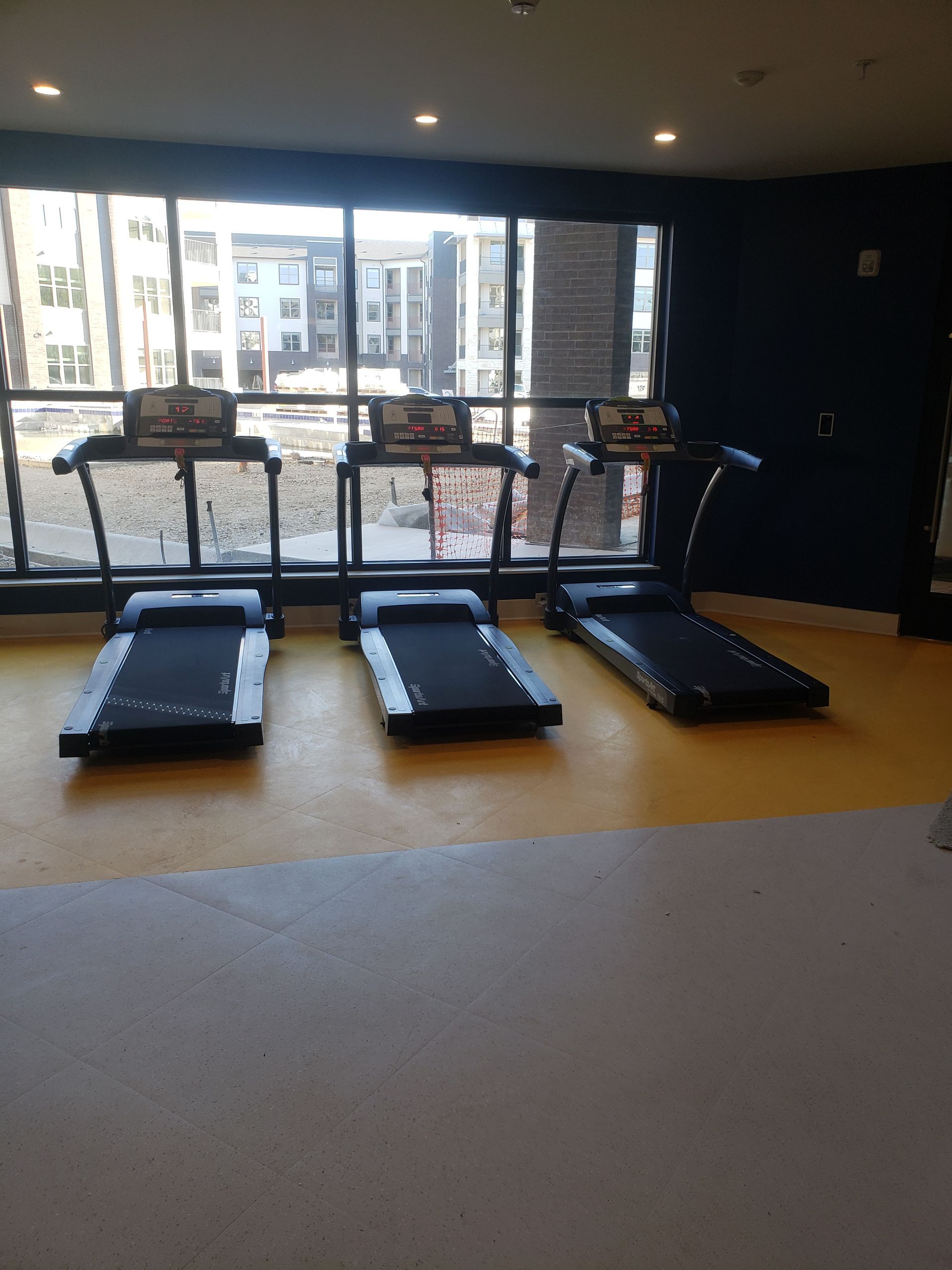 Three treadmills in a gym facing large windows with city view