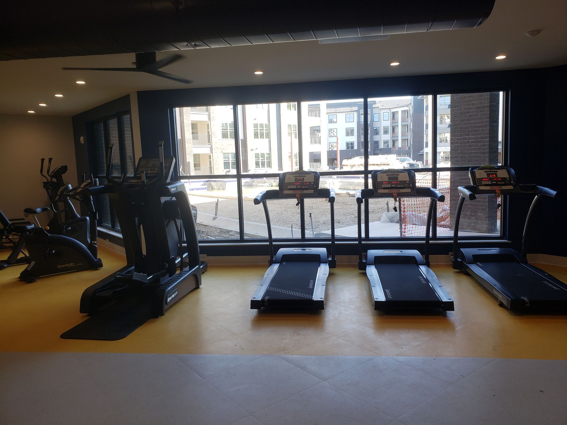 Gym cardio area with treadmills and ellipticals facing a large window.