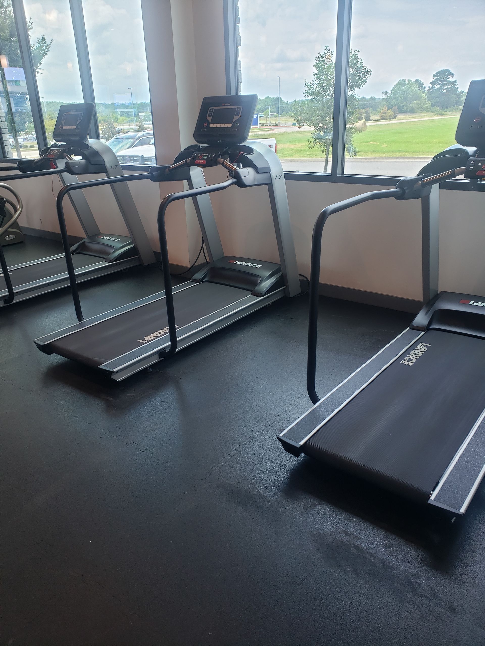 Three treadmills in a gym by large windows overlooking a grassy field.