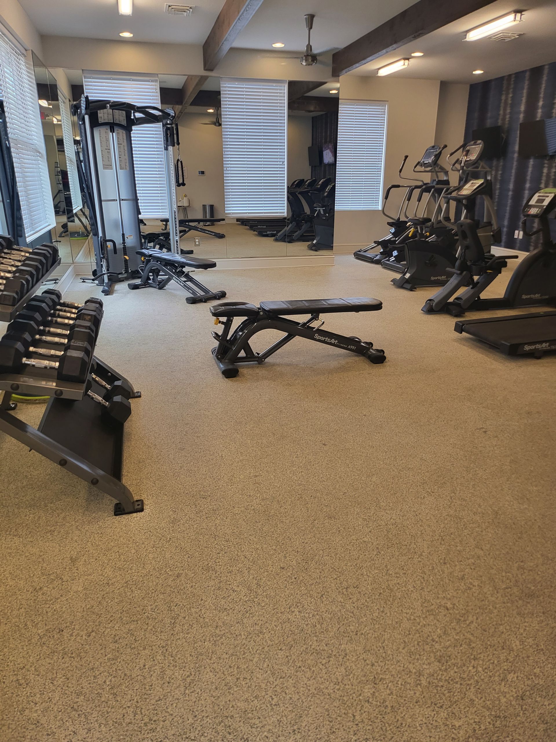 Gym with dumbbells, benches, and cardio machines on a beige carpeted floor.