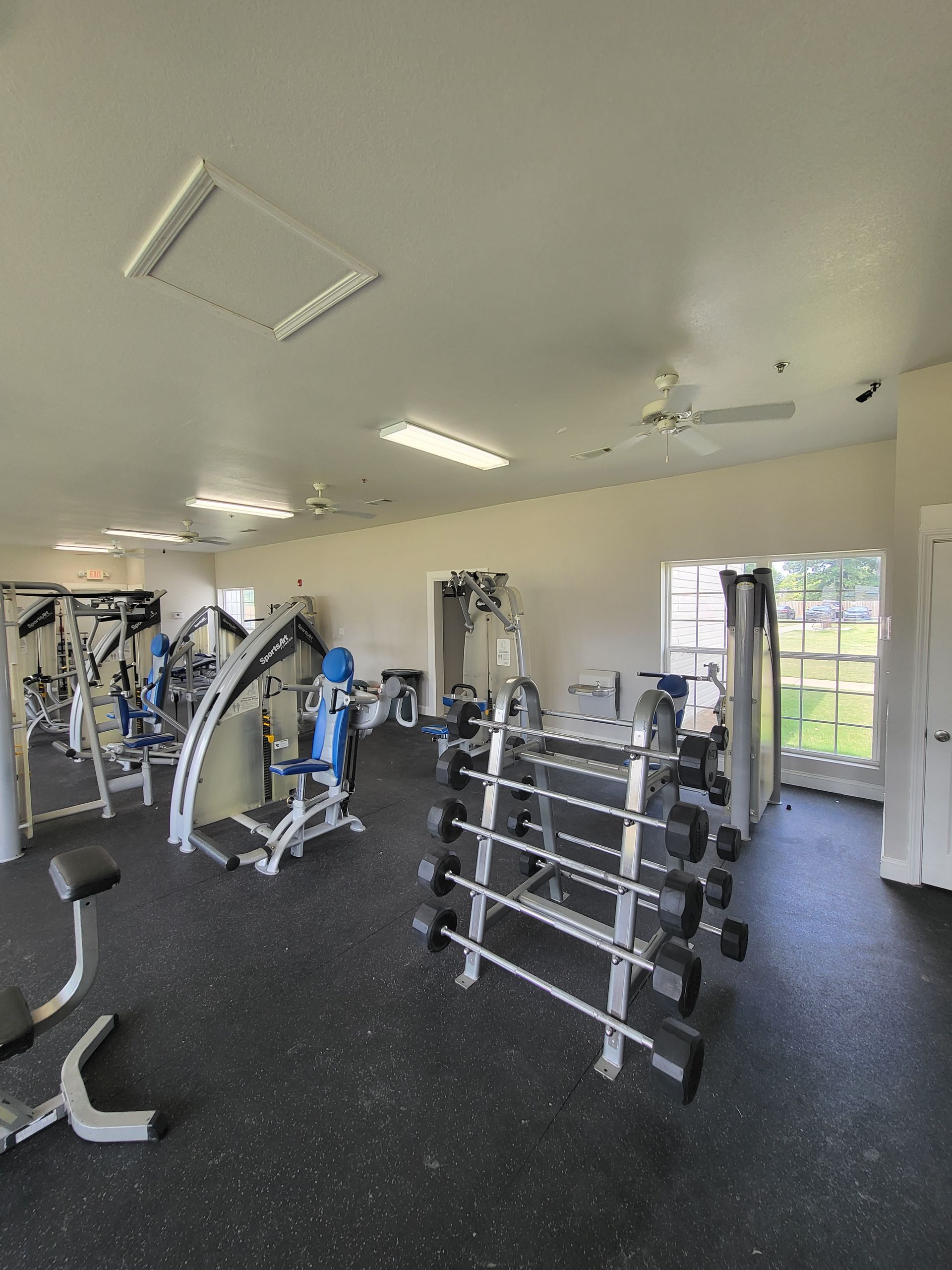 Bright gym interior with exercise machines, free weights, and large windows.