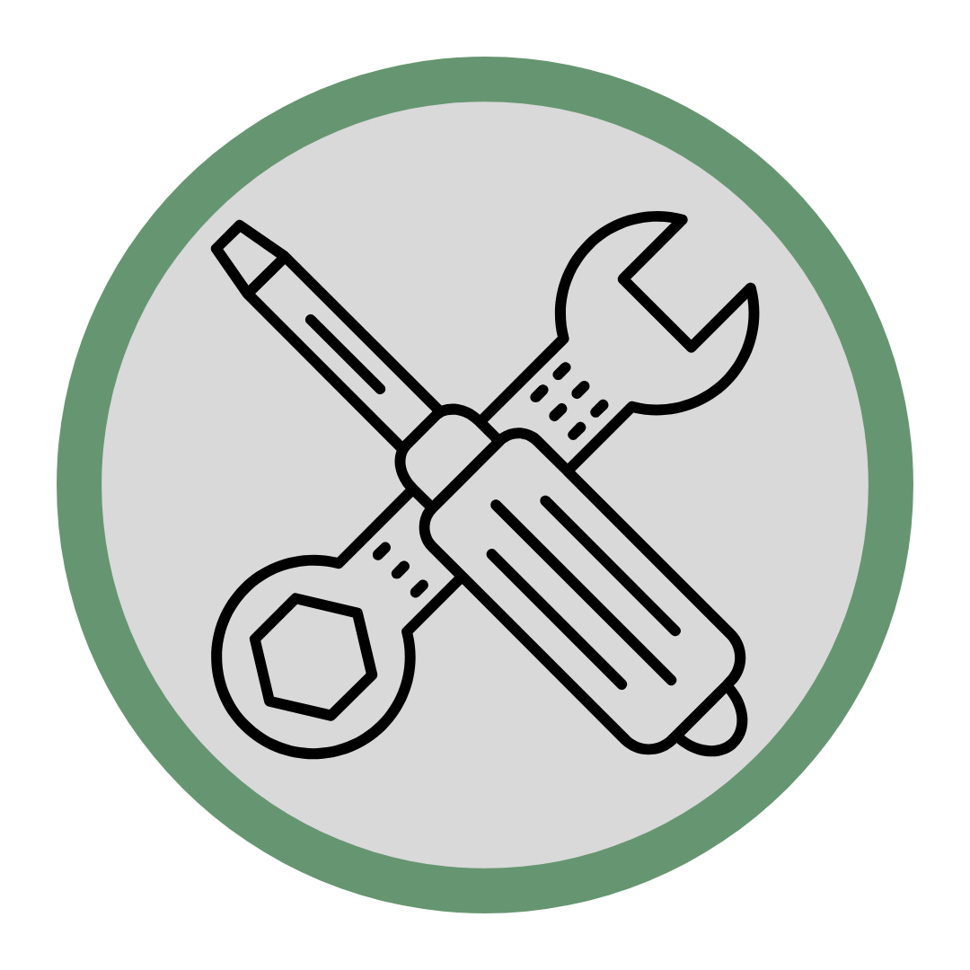 Crossed wrench, and screwdriver in a green circle, symbolizing tools or maintenance.