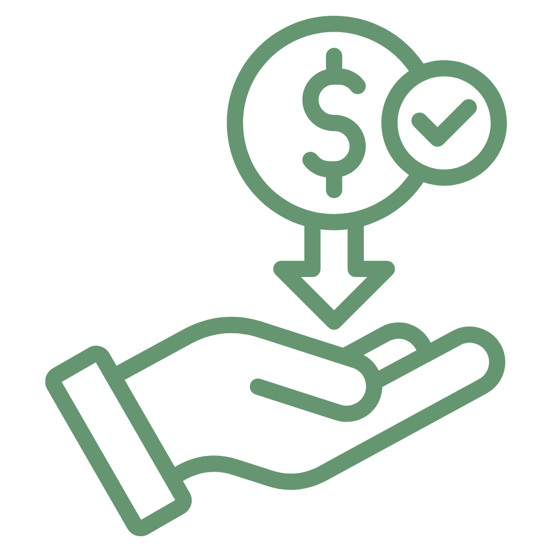 Green line icon of a hand receiving money with a dollar sign and checkmark above it