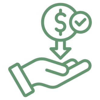 Green line icon of a hand receiving money with a dollar symbol and checkmark above