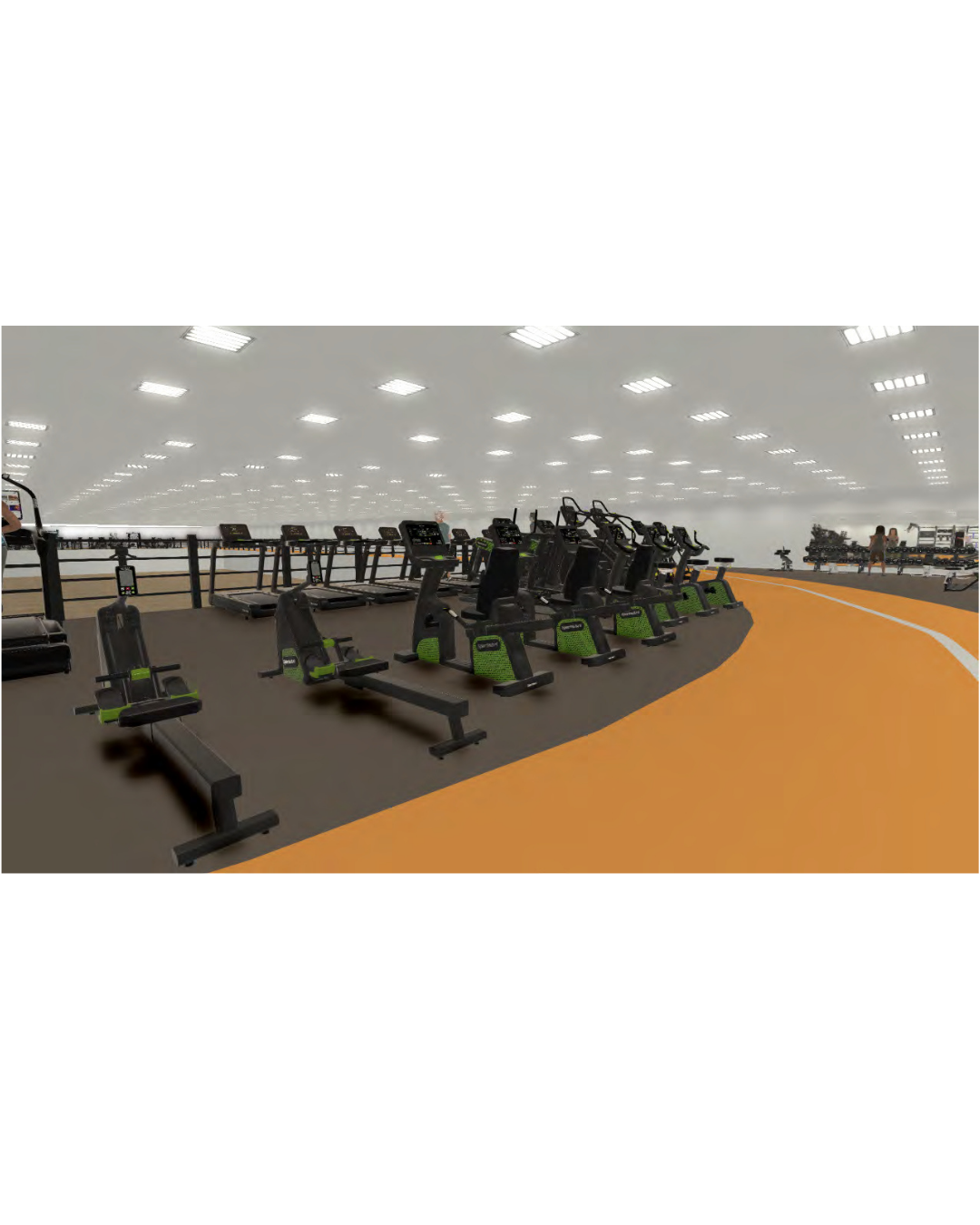 Gym interior with exercise machines, orange running track, and a bright ceiling.