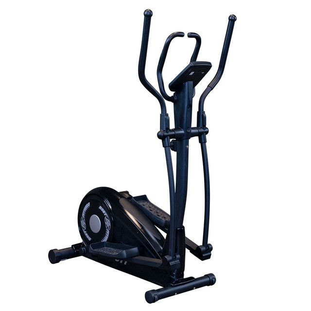 Black and gray elliptical exercise machine with upright handles and foot pedals on a white background