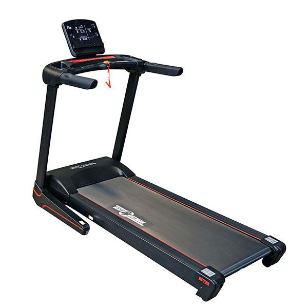 Treadmill with a black running deck, display console, and red accents on a white background